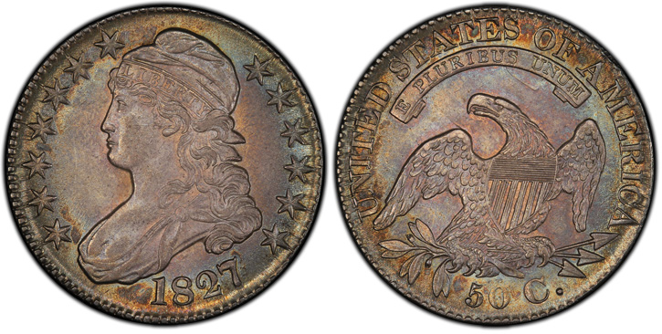 1827 Capped Bust Half Dollar. O-129. Square Base 2. MS-64+ (PCGS).